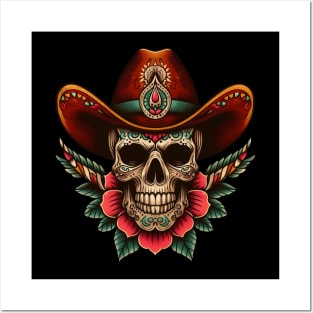 skull and cowboy hat tattoo Posters and Art